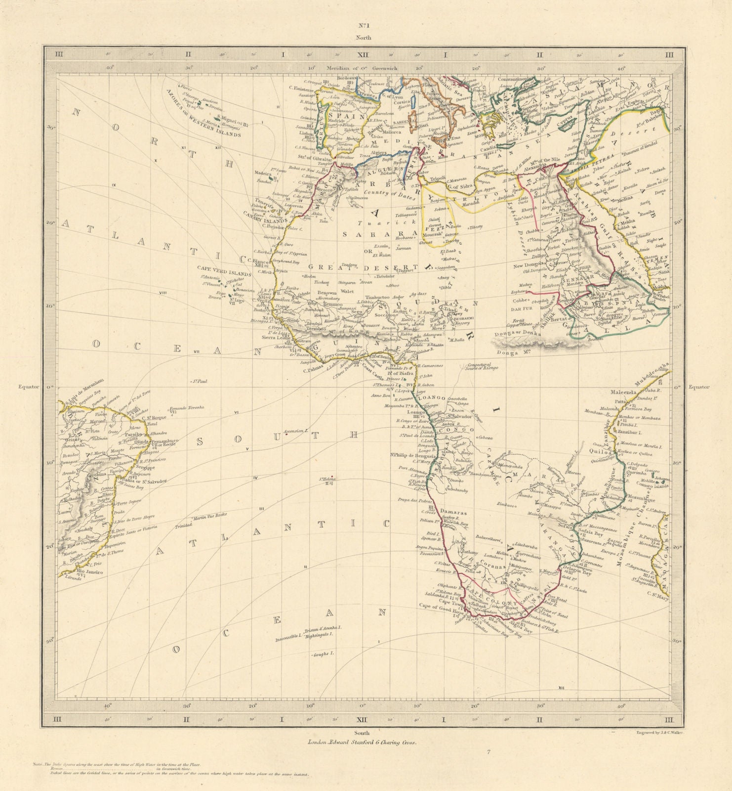 AFRICA South Europe Brazil Gnomonic Projection. Mountains of Kong. SDUK 1856 map